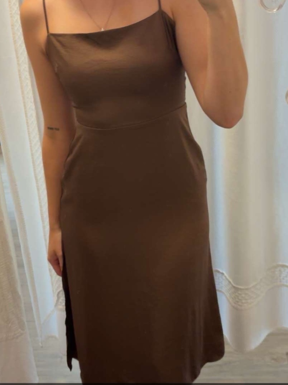 Wilfred Chocolate Brown Slip Midi Dress with Spaghetti Straps